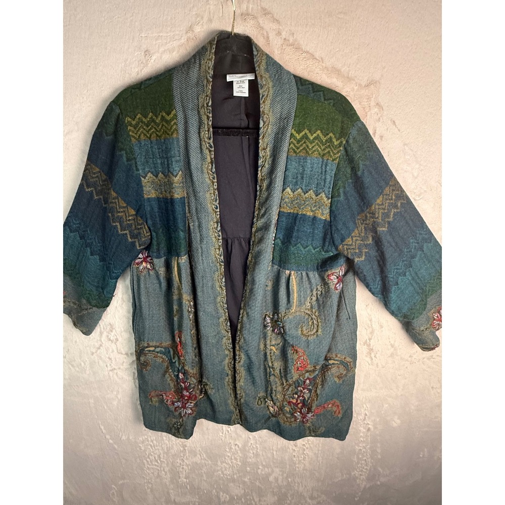 Soft Surroundings Wool Embroidered Jacket Womens L Teal Green Boho Art to Wear